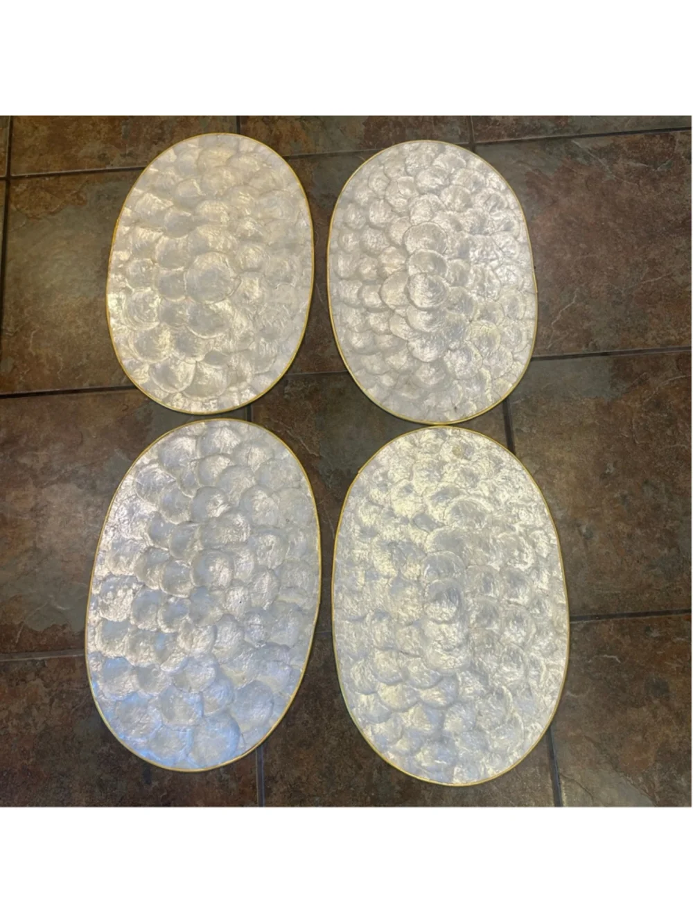 Capiz Shell Serveware Placemats Large Set of 4 Boho Retro Metal Trim